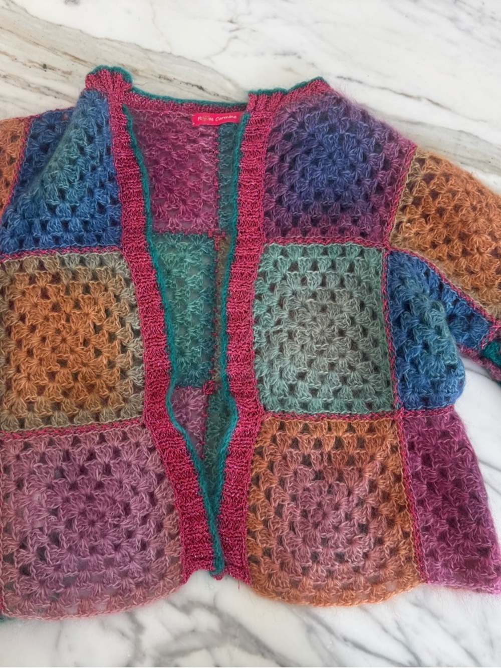 🧡 Rose Carmine Mohair Lurex  Crochet Patchwork Bolero - size sm/med
